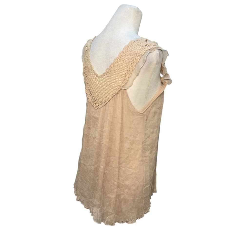 Vintage Y2K Boho Crochet Lace Babydoll Tank Top Women M Silk Beige Festival - Picture 7 of 13